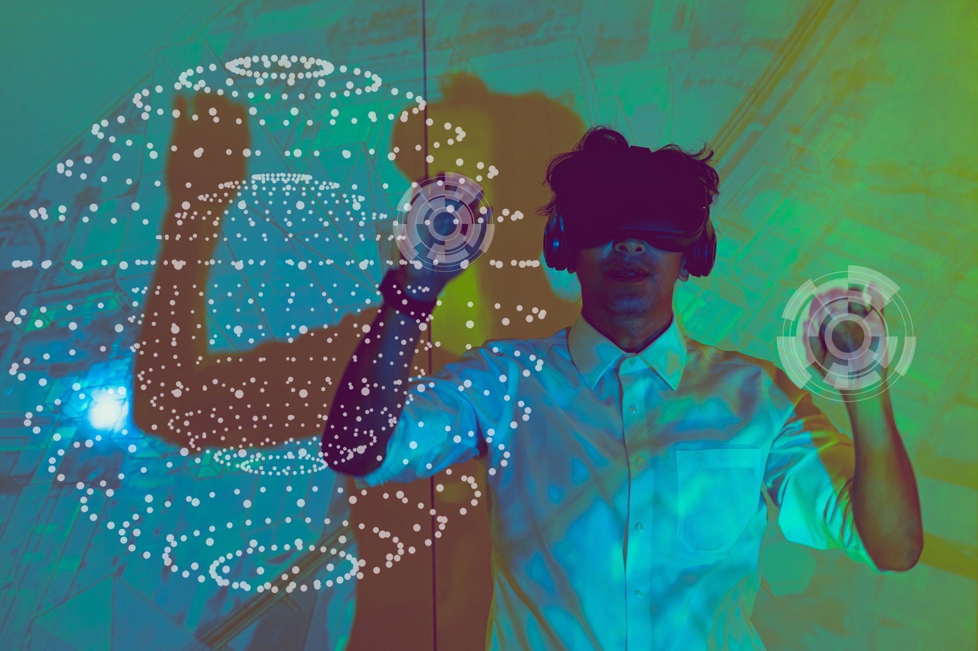 People enjoy using VR Glasses with new 3D virtual world and game in future modern technology platfor