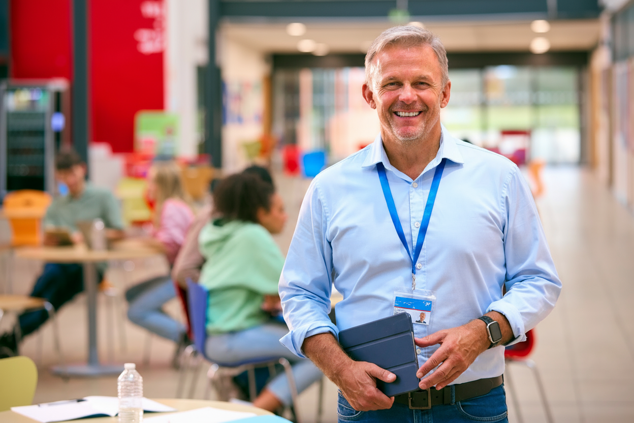 Male teacher smiling in class